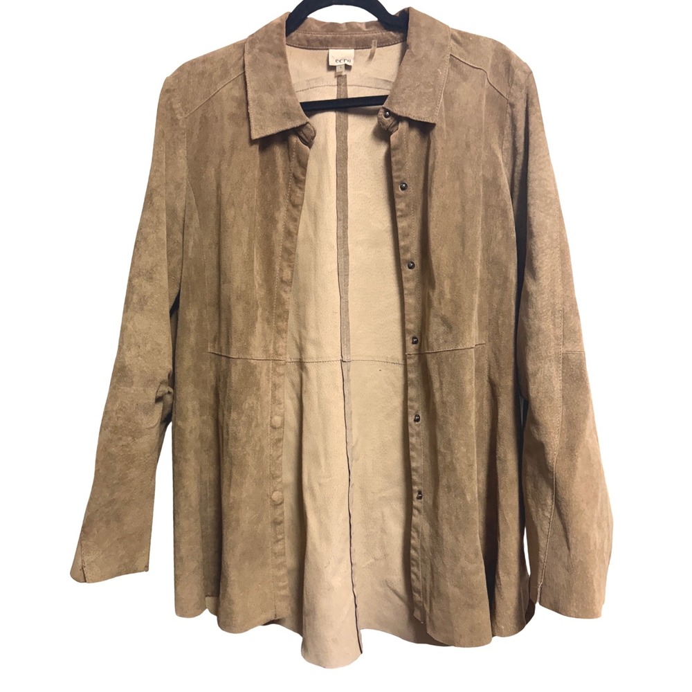 Ecru Suede Shirt Jacket Western Brown Leather Snap Front DE3350-SU Large